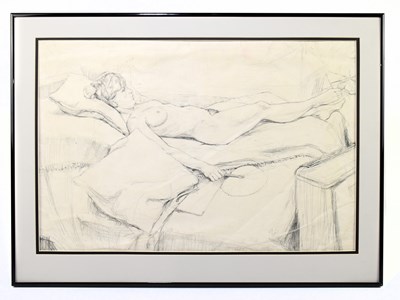Lot 1225 - SHEILA WOOD; pencil drawing, reclining female...