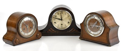Lot 1380 - Three early 20th century oak cased mantel...