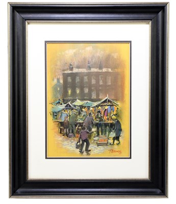 Lot 1234 - TOM BROWN (1933-2017); pastel of market scene,...