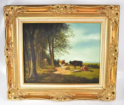 Lot 682 - UNATTRIBUTED; oil on canvas, cows near a...
