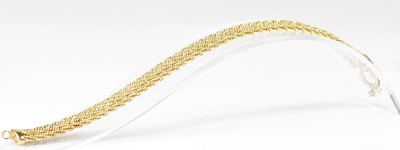 Lot 1146 - A 9ct gold woven link strap bracelet with hoop...