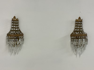 Lot 432 - A pair of crystal lustre and brass wall lights,...