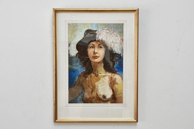 Lot 1750A - BOHUSLAV BARLOW; mixed media, 'Nude with Hat',...