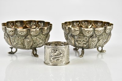 Lot 2160 - A pair of Eastern white metal bowls, decorated...