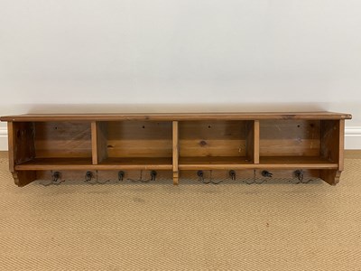 Lot 592 - Reproduction pine wall shelves with hooks...
