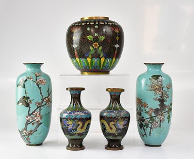Lot 630 - A pair of celadon ground cloisonné vases...
