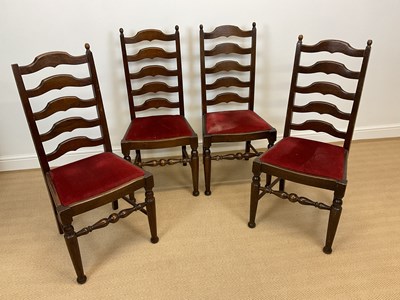 Lot 593 - Four oak ladder back dining chairs with...