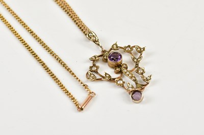 Lot 280 - A 9ct gold amethyst and pearl pendant on 9ct...