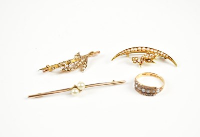 Lot 364 - A Victorian 15ct seed pearl crescent brooch...