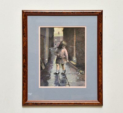 Lot 1838 - TOM BROWN; pastel, young girl sweeping, signed...