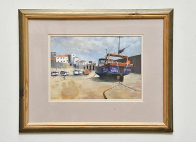 Lot 1839 - TOM BROWN; pastel, boats in harbour, signed...