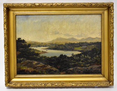 Lot 681 - UNATTRIBUTED; oil on canvas, lake scene with...