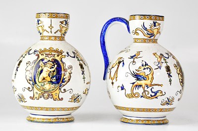 Lot 498 - A pair of Glen Majolica style jugs painted...