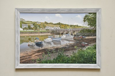 Lot 1766 - FEARGAL RICE; oil on canvas, moored boat on...