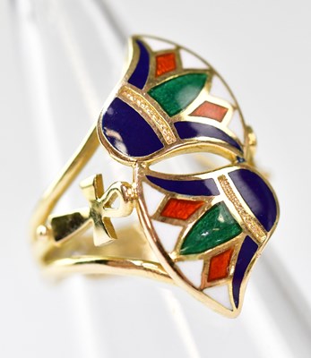 Lot 1130 - An Egyptian gold and enamelled ring, the top...