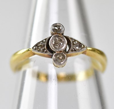 Lot 1075 - An A18ct gold Art Deco ring with three small...