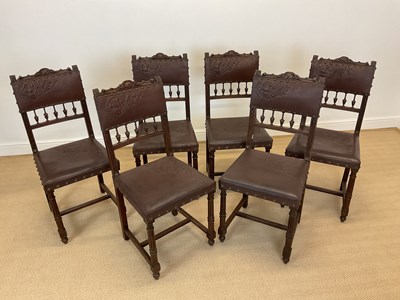 Lot 507 - Six circa Henry II French oak leather chairs,...