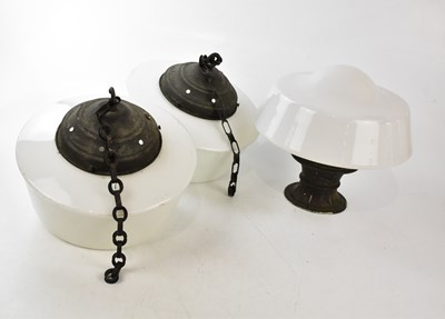 Lot 1527 - Three opaline ceiling lights, with brass...
