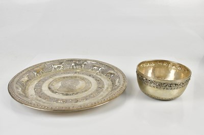 Lot 2150 - An Eastern white metal bowl and plate,...