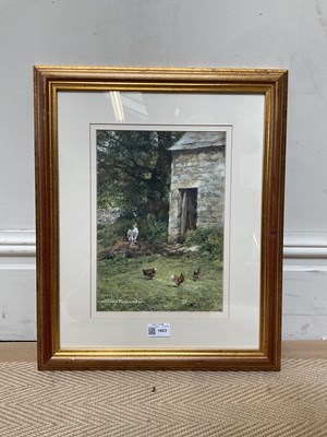 Lot 1803 - DAVID MOWCOMBE; oil on board, chickens feeding,...