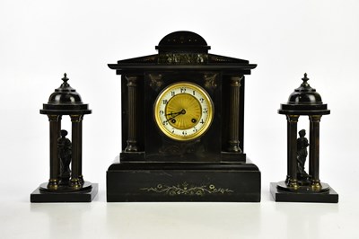 Lot 1347 - A Victorian slate and marble mantel clock of...