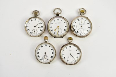 Lot 680 - Five sterling silver cased pocket watches,...