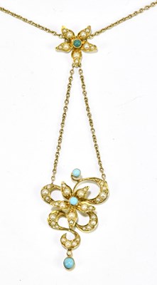 Lot 1388 - A 15ct yellow gold Art Nouveau turquoise and...