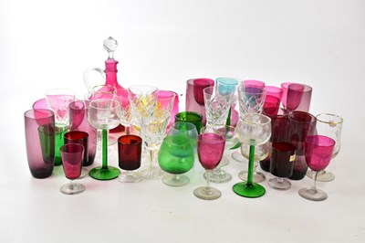 Lot 3019 - A collection of coloured and cut glasses, also...