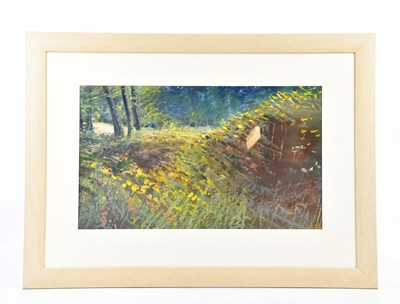 Lot 1802 - P E PENROSE; acrylic on board, 'Undergrowth',...