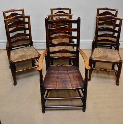 Lot 1147 - Six 19th century rush seated ladder back...