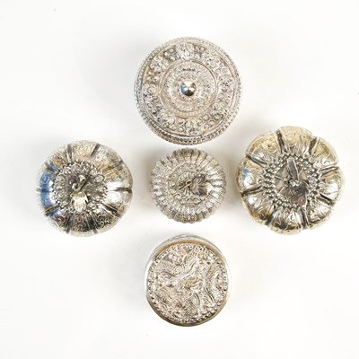 Lot 2126 - Two similar Eastern white metal spice boxes...