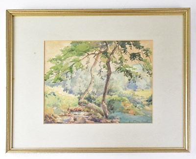 Lot 733 - R. WOOD; watercolour, lake with bridge and...