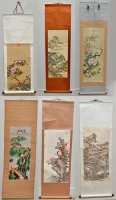 Lot 2741 - Six modern Chinese scroll pictures and a parasol.