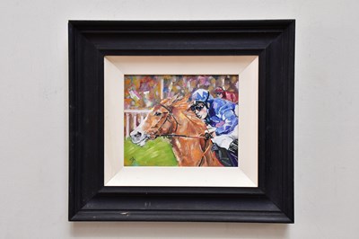 Lot 1782 - DOUGLAS HUTTON; oil on board, 'A Tight Rein -...
