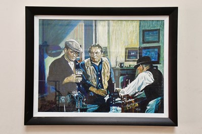 Lot 1770 - ALAN QUIGLEY; oil on canvas, figures drinking...
