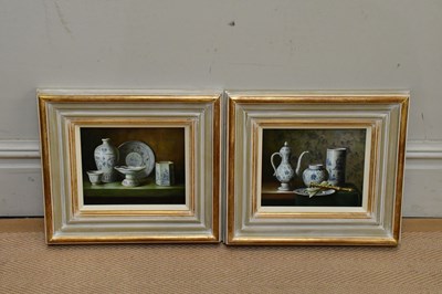 Lot 1715 - K DUKE; a pair of oils on board, still life...