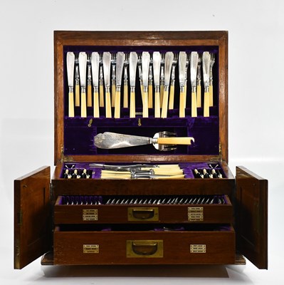 Lot 504 - WALKER & HALL; an oak cased canteen of silver...