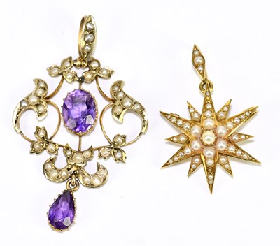 Lot 1383 - An Edwardian 9ct yellow gold seed pearl and...