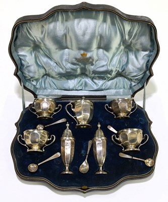Lot 2267 - A George V hallmarked silver seven piece cruet,...