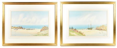 Lot 1427 - RJ POLLARD; a pair of watercolours with gouache, 'Port Skillion' and 'Nr Bradda Head'