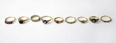Lot 725 - Nine 9ct yellow gold rings
