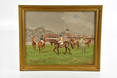 Lot 1618 - A C SHUTTLEWORTH; oil, horses and jockeys at a...