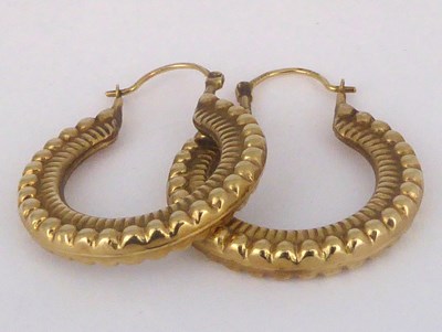 Lot 839 - A pair of 9ct gold hoop earrings, diameter...