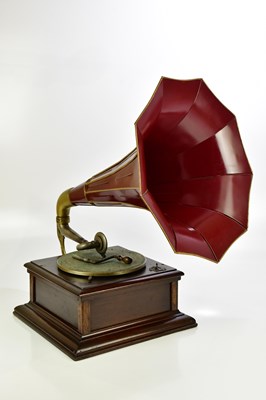 Lot 1595A - ALBA PICCOLA; a mahogany gramophone with red...