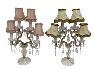 Lot 113 - A pair of cut glass droplet four branch table...