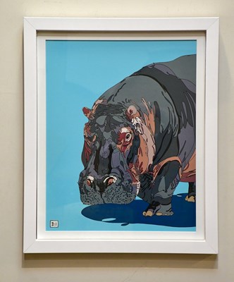 Lot 1799 - DYLAN IZAAK; oil on aluminium, 'Hippo on Blue',...