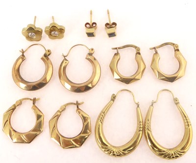Lot 834 - Six pairs of 9ct gold earrings