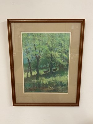 Lot 362 - R BINNIE; pastel, landscape with stag and deer,...
