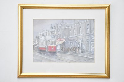 Lot 1708 - BOB JONES; pastel, Manchester scene with tram,...