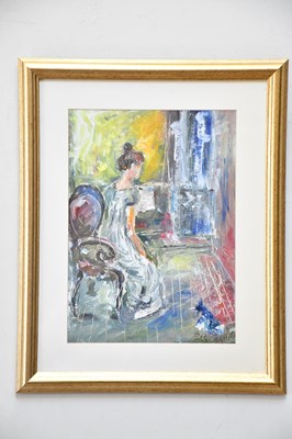 Lot 1834 - SCHOLAR; oil on paper, woman sitting in a...